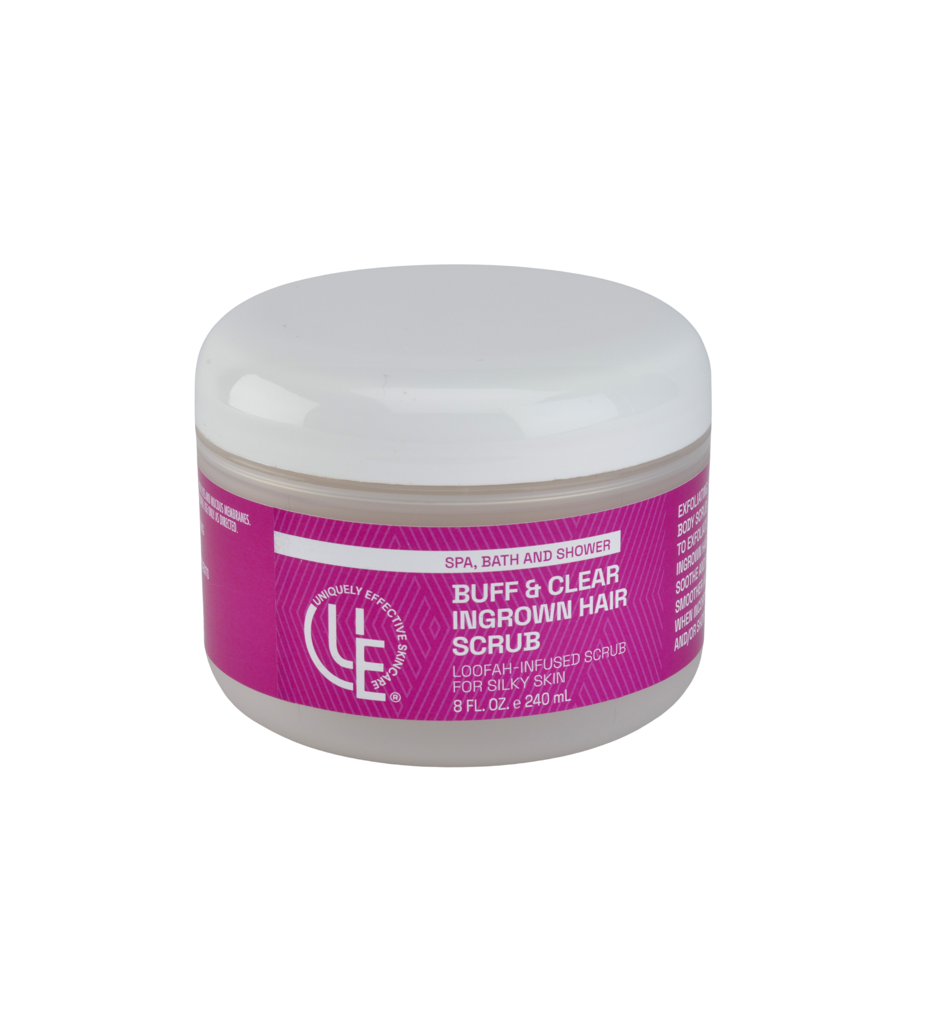 Buff & Clear Exfoliator for Ingrown Hairs in an 8 fl. oz. jar shown on a spa-like surface with natural loofah and plant elements to reflect its exfoliating and nourishing properties.