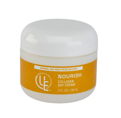 2 oz jar of Nourish Collagen Day Cream by Uniquely Effective Skincare—lightweight moisturizer for normal to dry skin that hydrates, firms, and improves elasticity with every application.