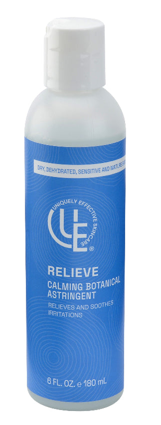 Relieve Calming Astringent – soothing alcohol-free botanical toner with aloe, chamomile, cucumber, and calendula for dry, sensitive, or mature skin.