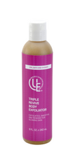 Triple Revive Body Exfoliator by Uniquely Effective Skincare in 8 fl. oz. bottle, shown with natural ingredients like papaya, pineapple, and chamomile to reflect its gentle exfoliating and nourishing properties.