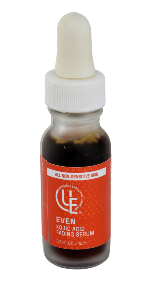 Even Fading Serum with Kojic Acid for dark spots, acne marks, and uneven tone suitable for non-sensitive, blemished and oily skin types in 1/2 oz. glass bottle with dropper