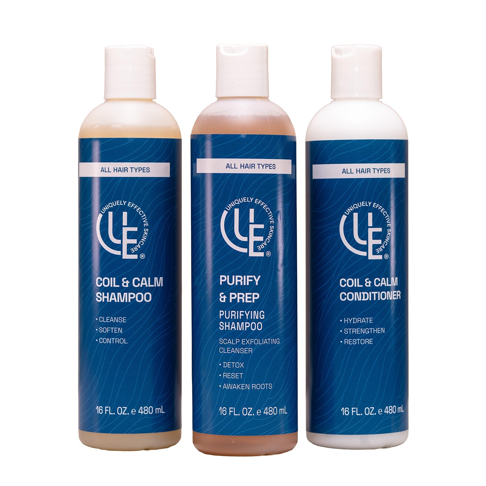 Coil & Calm Shampoo Bottles on Clean Background Moisturizing shampoo for curly and textured hair with nourishing botanicals.