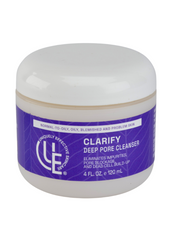 4 fl. oz. jar of Uniquely Effective Skincare's Clarify Deep Pore Cleanser highlighting its calming, clarifying, and pore-cleansing benefits for oily, combination, and blemish-prone skin.