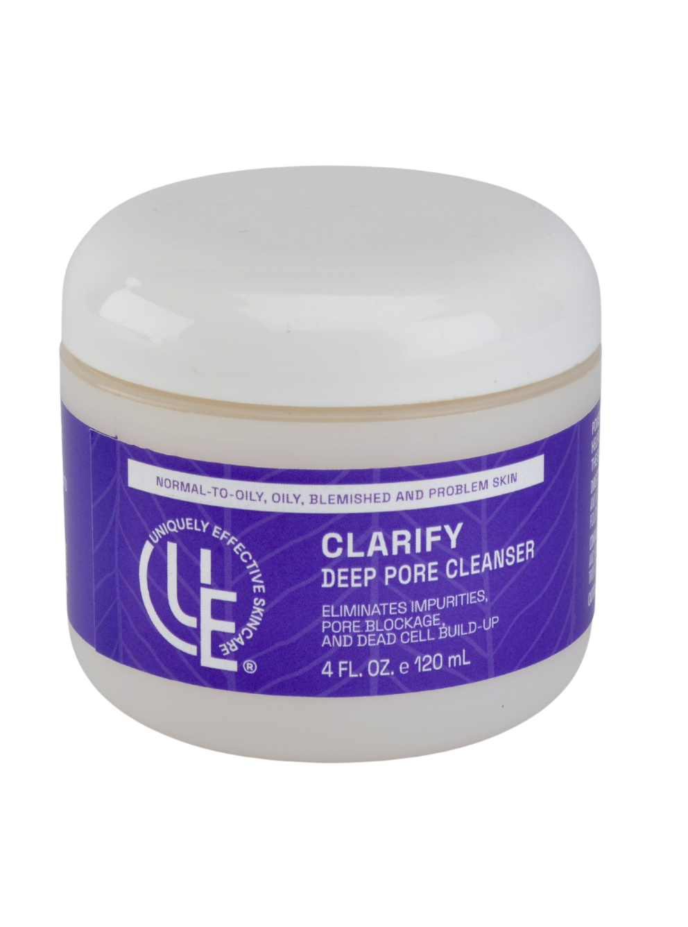 4 fl. oz. jar of Uniquely Effective Skincare's Clarify Deep Pore Cleanser highlighting its calming, clarifying, and pore-cleansing benefits for oily, combination, and blemish-prone skin.