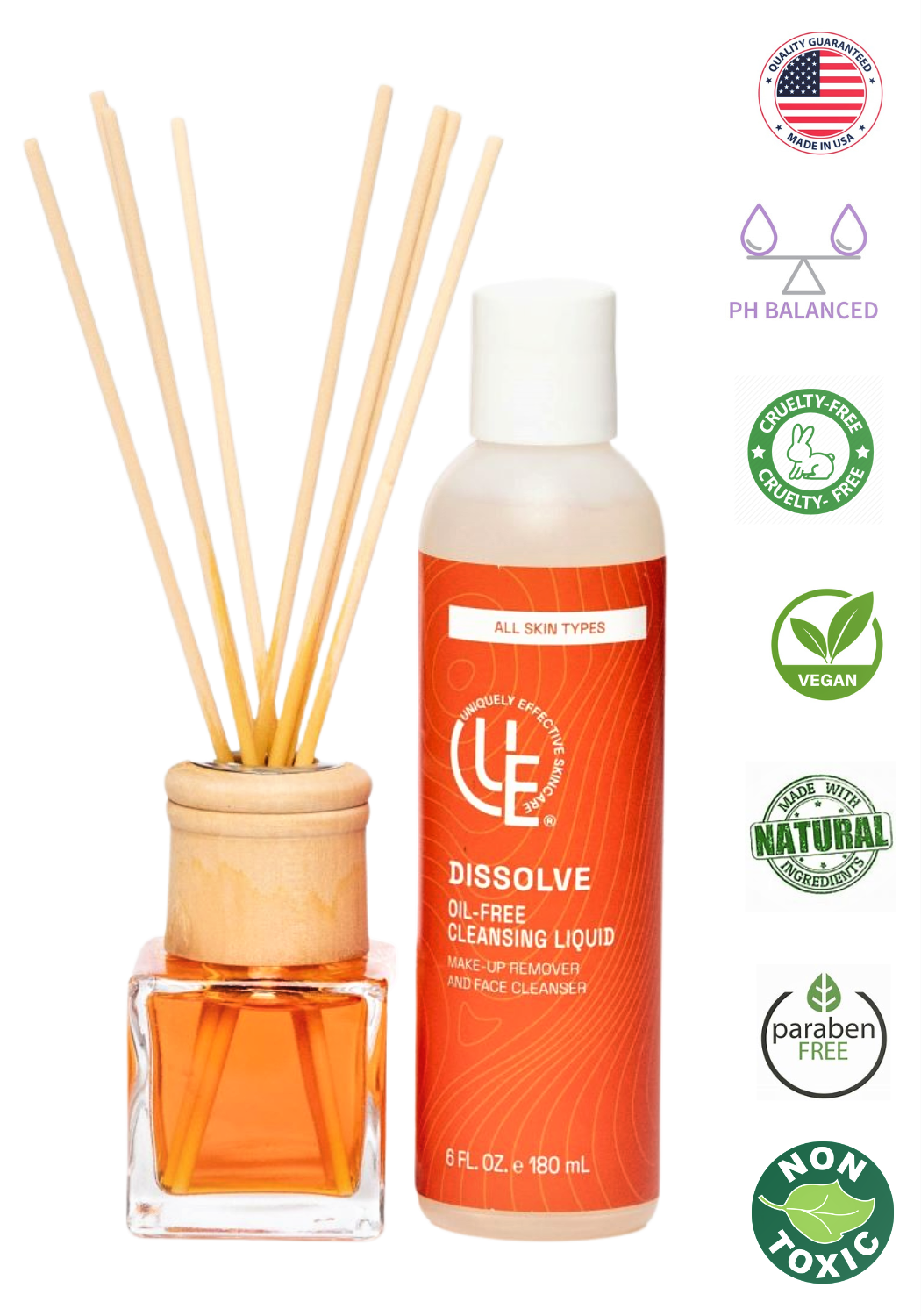 icons for Uniquely Effective Skincare's 6 fl. oz. bottle of Dissolve Oil-Free Cleansing Liquid for Makeup Remover for all skin types