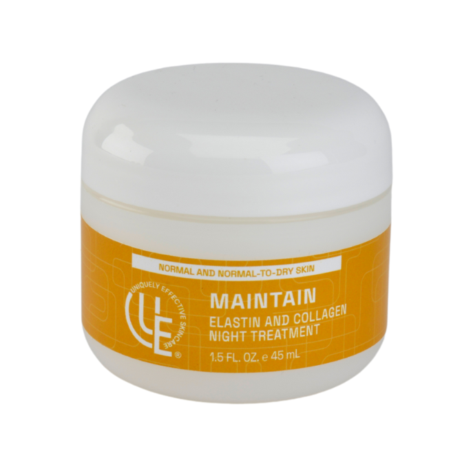 2. oz. jar of Uniquely Effective Skincare’s Maintain Elasting & Collagen Night Treatment Cream highlighting its firming, hydrating, and youth-enhancing benefits for mature and dry skin types.