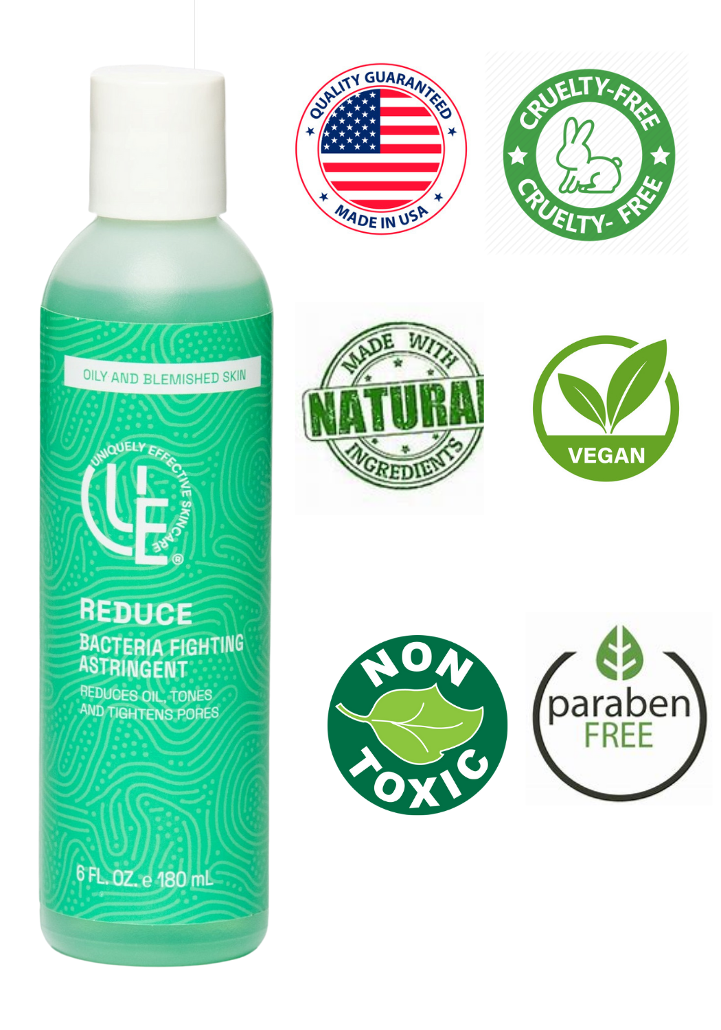 List of product certification icons for Reduce Bacteria Fighting Astringent for combination and oily skin by Uniquely Effective Skincare