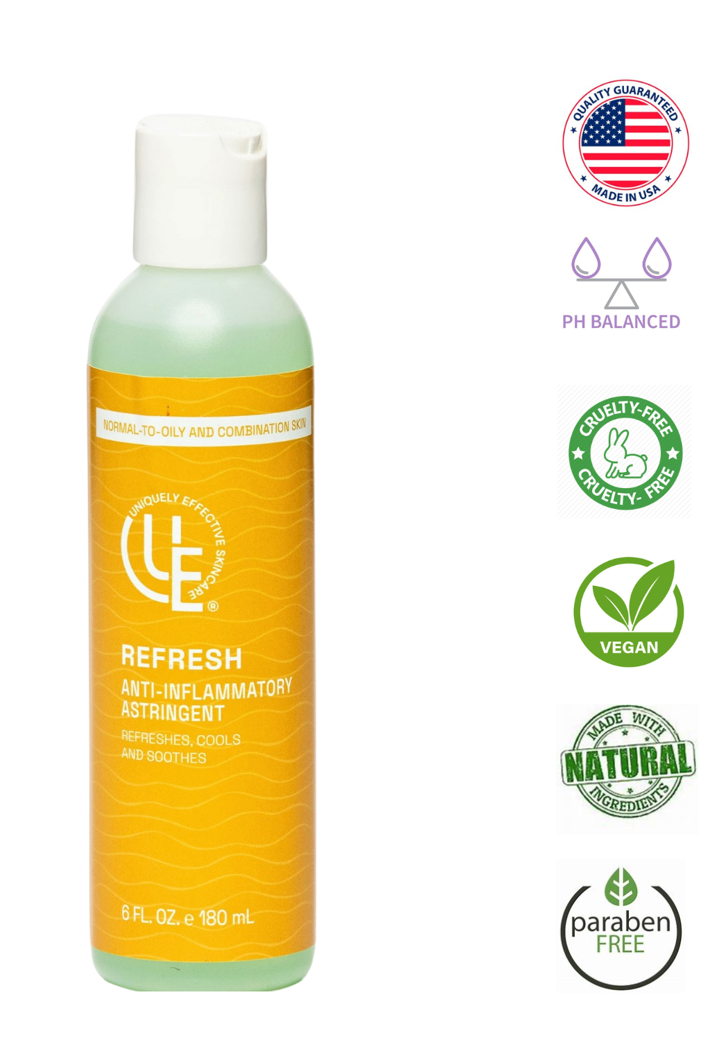 List of icons of product certification for Refresh Anti-Inflammatory Astringent for normal, combination, and oily skin by Uniquely Effective Skincare