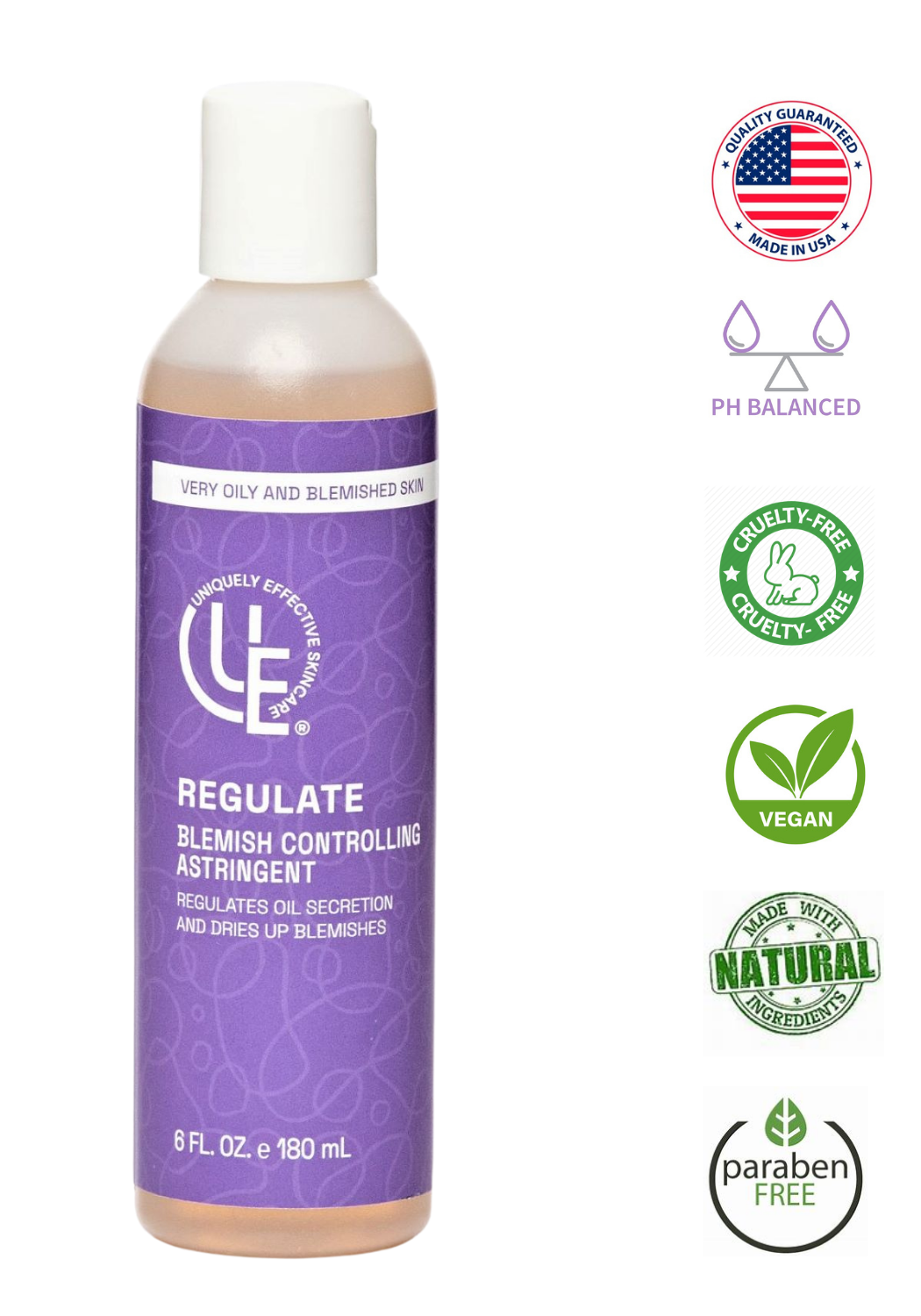 list of icons for product certifications for Regulate Blemish Controlling Astringent for very oily and blemished skin by Uniquely Effective Skincare