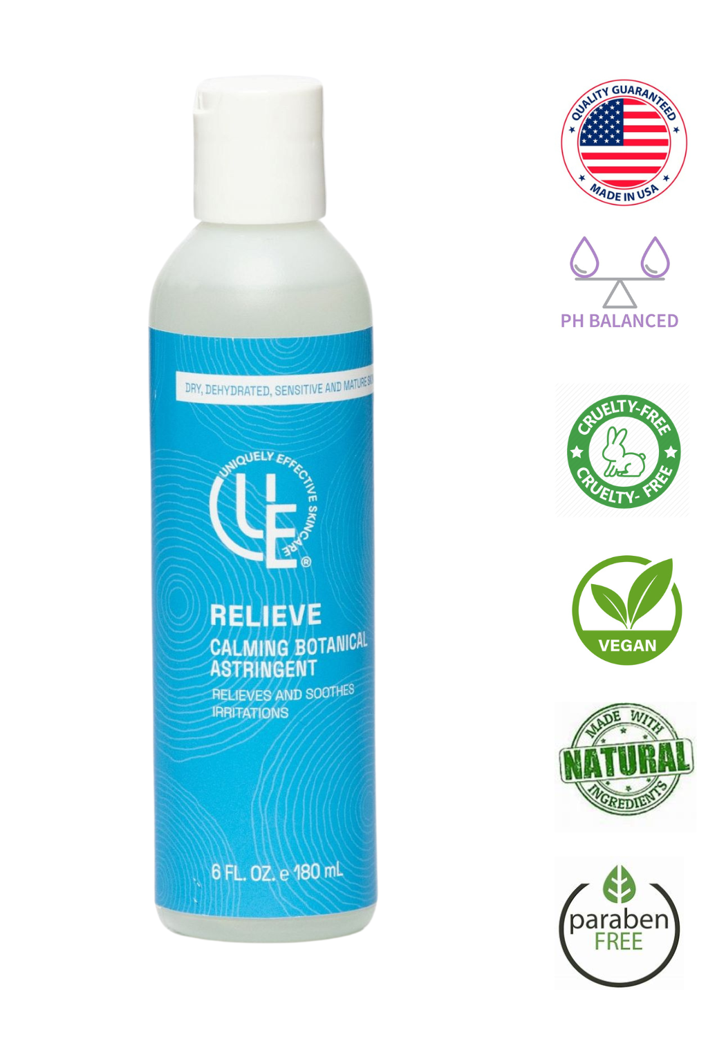 list of Icons of product certification for Relieve Calming Botanical Astringent for dry, sensitive, and mature skin by Uniquely Effective Skincare