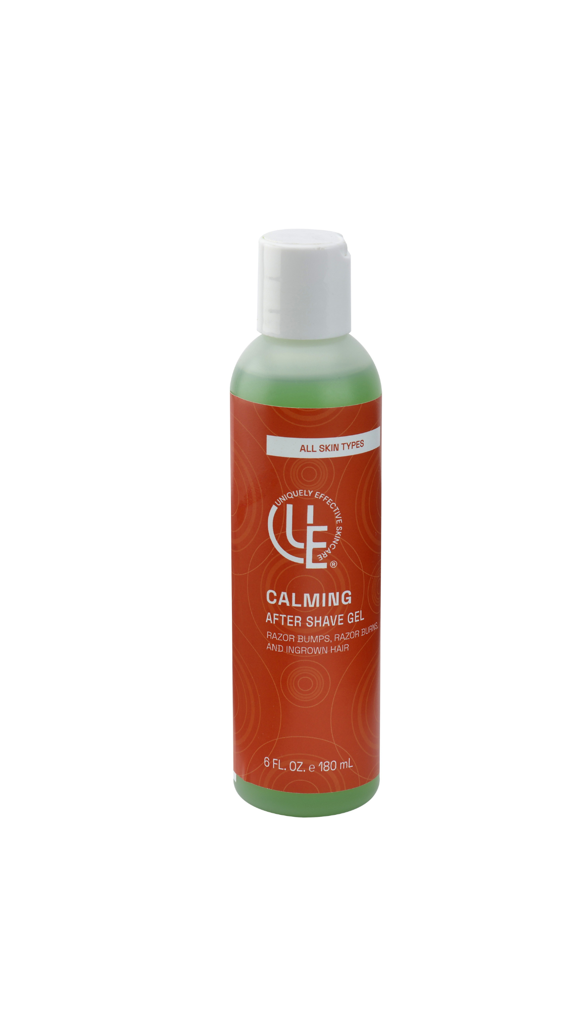 6 oz. plastic bottle of Uniquely Effective Skincare's Calming After Shave Relief Gel shown upright on a clean surface with a minimalist label design; the product is positioned to emphasize its cooling, post-hair removal benefits for all skin types, ideal for soothing razor bumps and ingrown hairs.