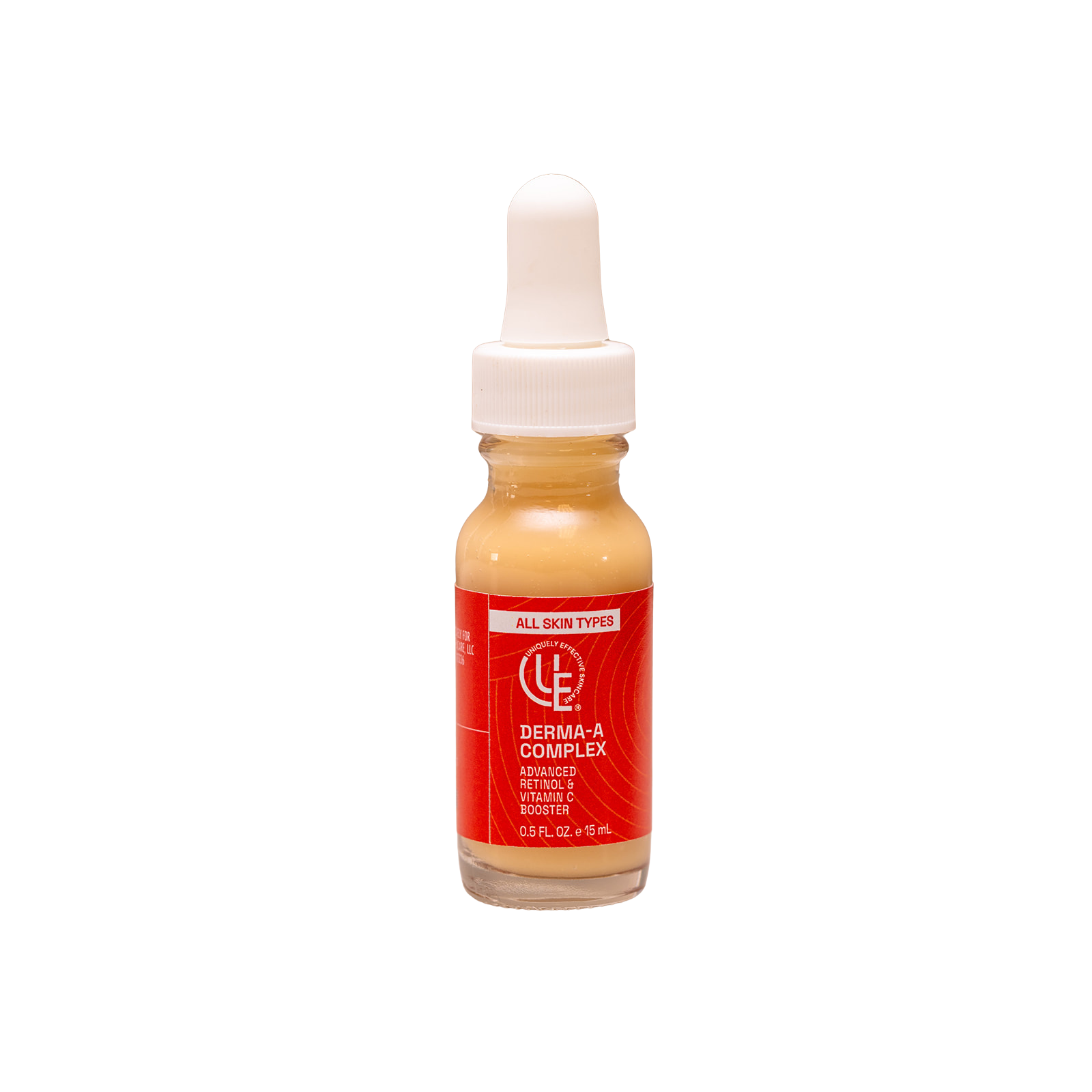 1/2 oz. glass bottle of Derma-A Complex, advanced Retinol and Vitamin C Booster on white background