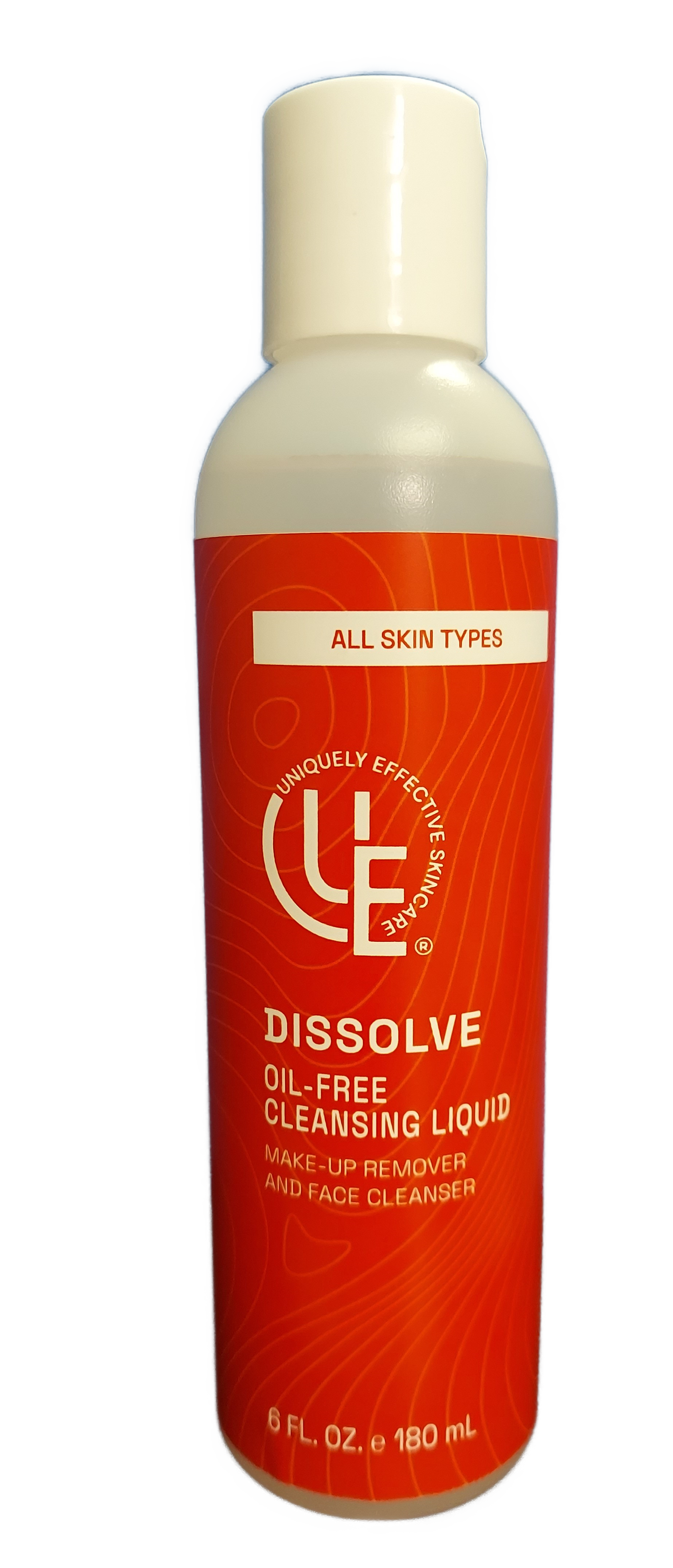 Uniquely Effective Skincare's 6 fl. oz. bottle of Dissolve Oil-Free Cleansing Liquid for Makeup Remover for all skin types