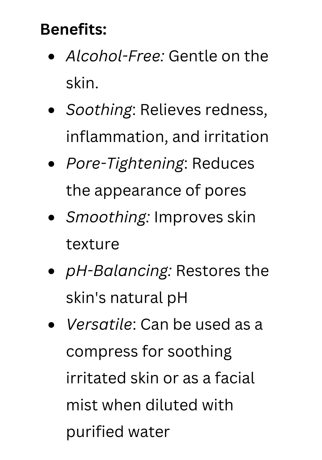 List of Benefits of Relieve Calming Botanical Astringent for dry, sensitive, and mature skin by Uniquely Effective Skincare