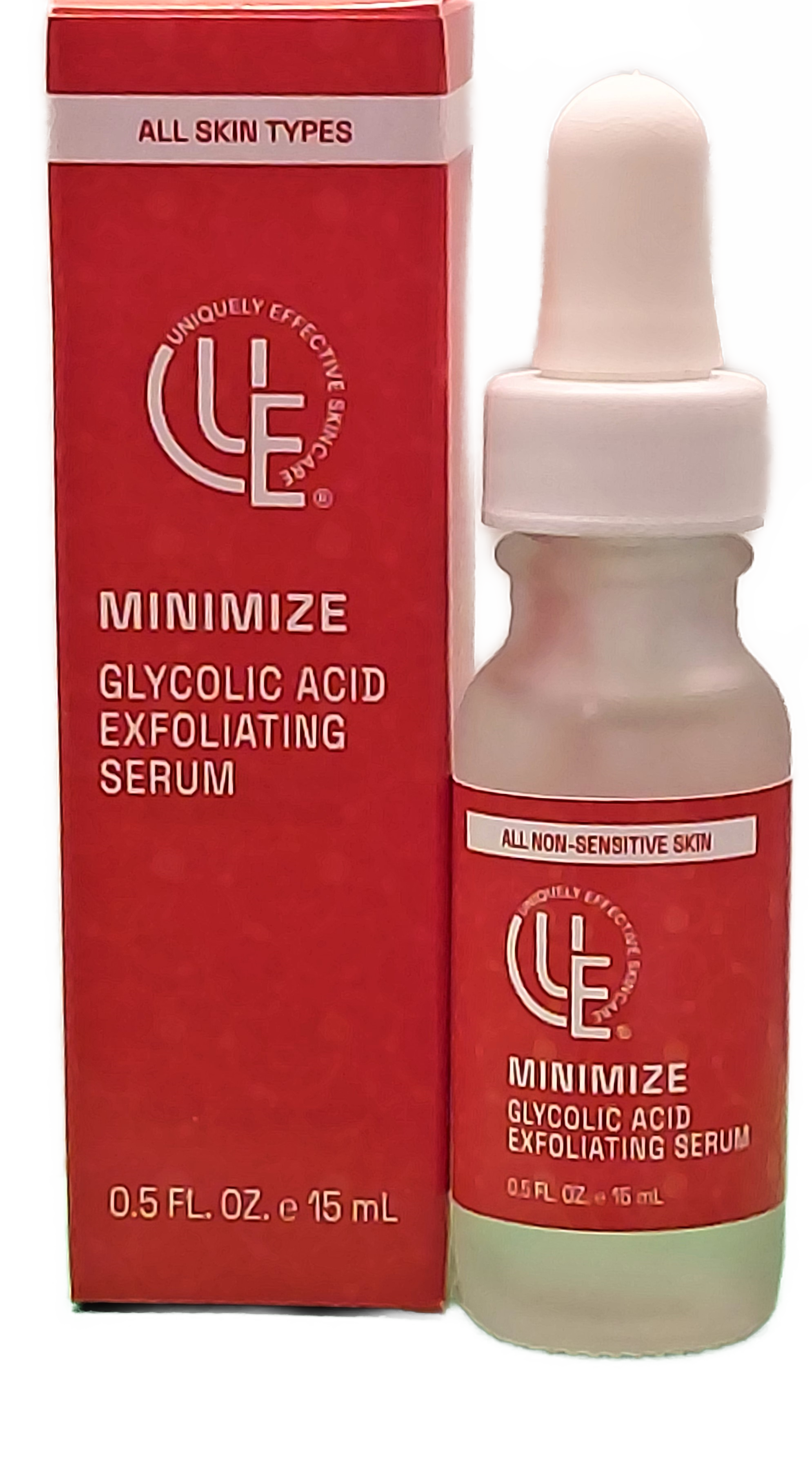 1/2 fl. oz. glass bottle of Uniquely Effective Skincare's Minimize Glycolic Acid Serum for all skin types